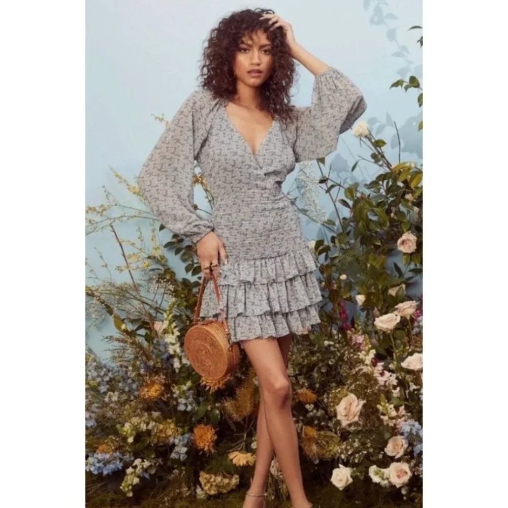 ASTR The Label Blue Floral Long Sleeve Ruffled Mini Dress Women's LARGE - Picture 1 of 11